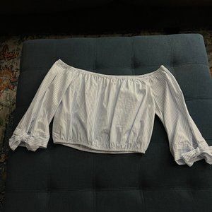 Baby Blue and White Striped Off the Shoulder 3/4 Sleeve Crop Top